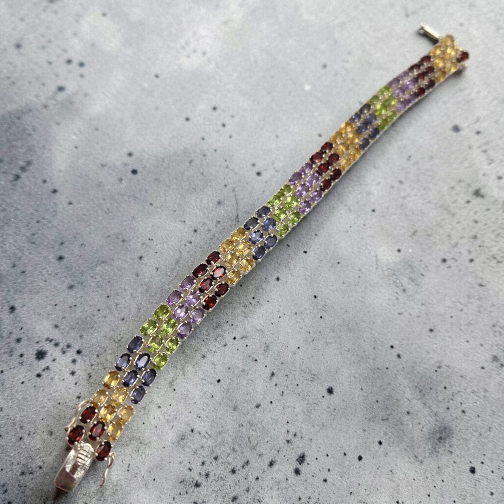 Sterling Silver 925 Rainbow Gemstone Tennis Bracelet Crown Mark 6.75” Estate - Picture 5 of 10